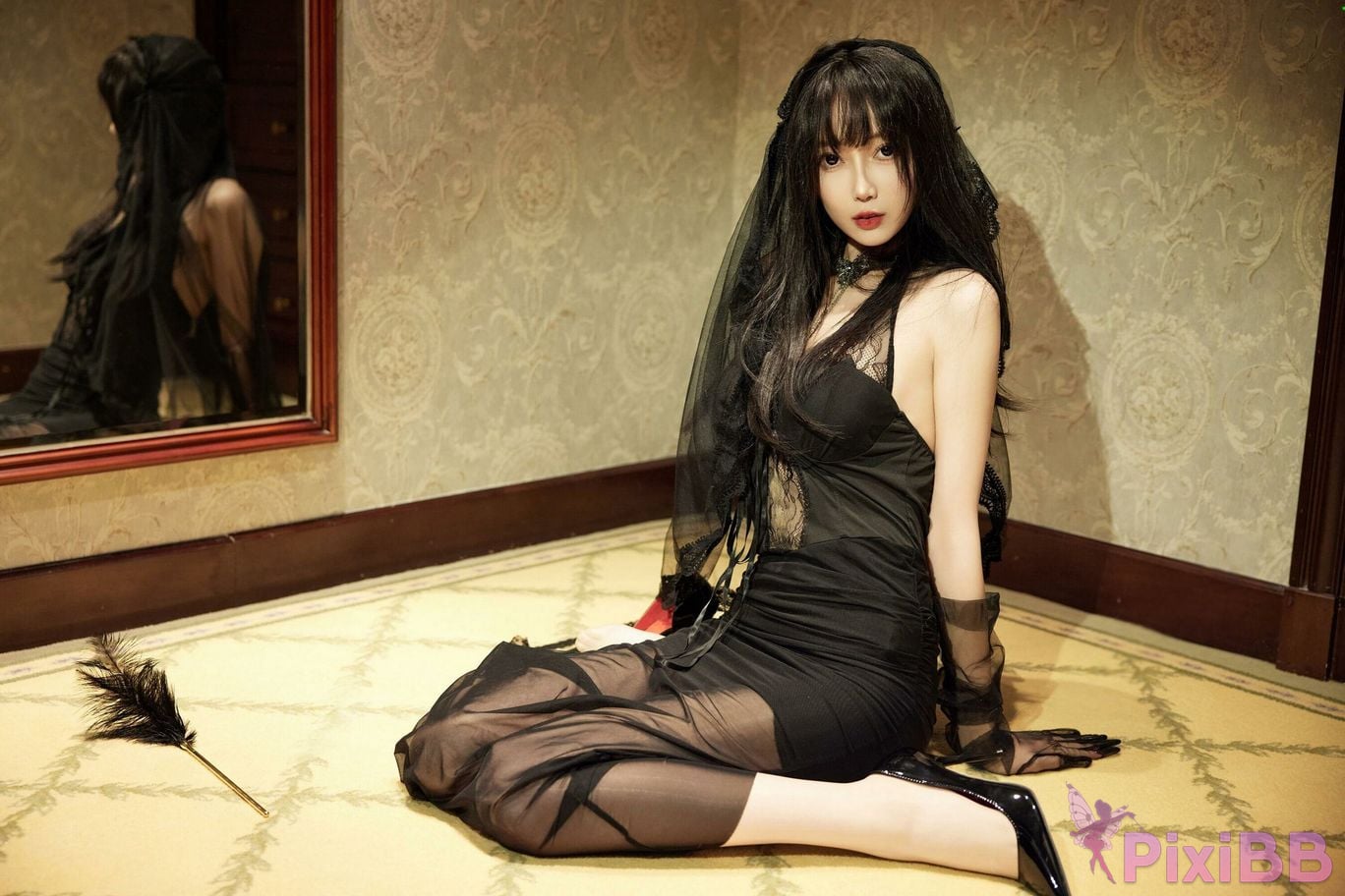 No watermark for in app purchases Yueer Yue er XIUREN Model Black stockings pushed into the corner PixiBB.COM 015