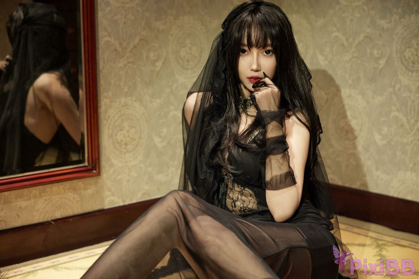 No watermark for in app purchases Yueer Yue er XIUREN Model Black stockings pushed into the corner PixiBB.COM 018