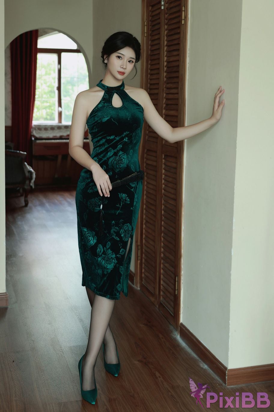 No watermark for in app purchases Nanqiao XIUREN Model Dark green cheongsam PixiBB.COM 001