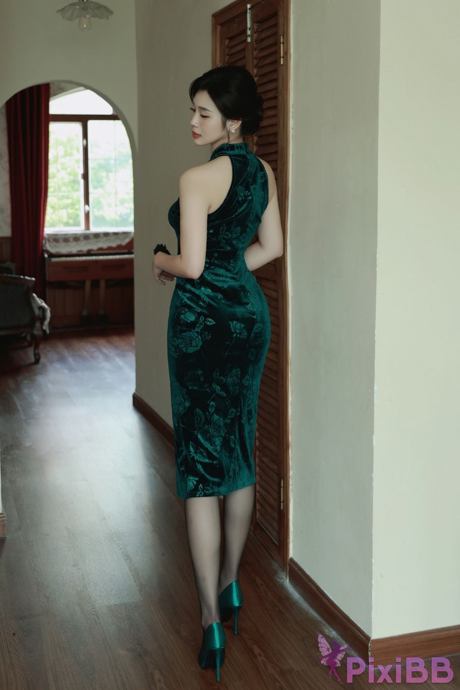 No watermark for in app purchases Nanqiao XIUREN Model Dark green cheongsam PixiBB.COM 002
