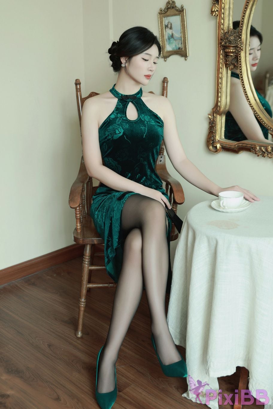 No watermark for in app purchases Nanqiao XIUREN Model Dark green cheongsam PixiBB.COM 006