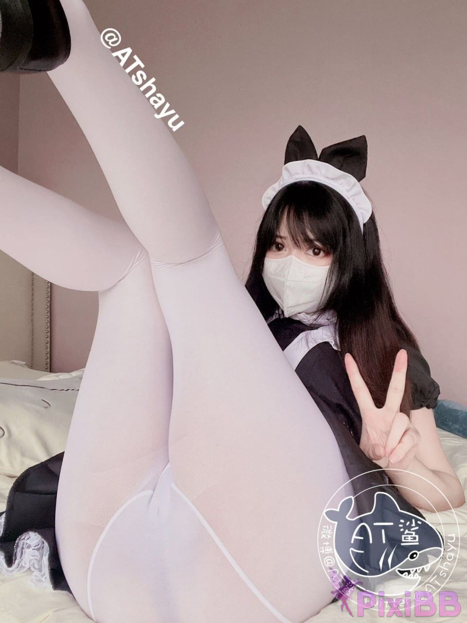 Cosplayer AT shark Limited time vacuum white stocking maid PixiBB.COM 012
