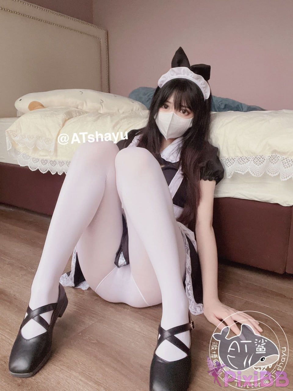 Cosplayer AT shark Limited time vacuum white stocking maid PixiBB.COM 017