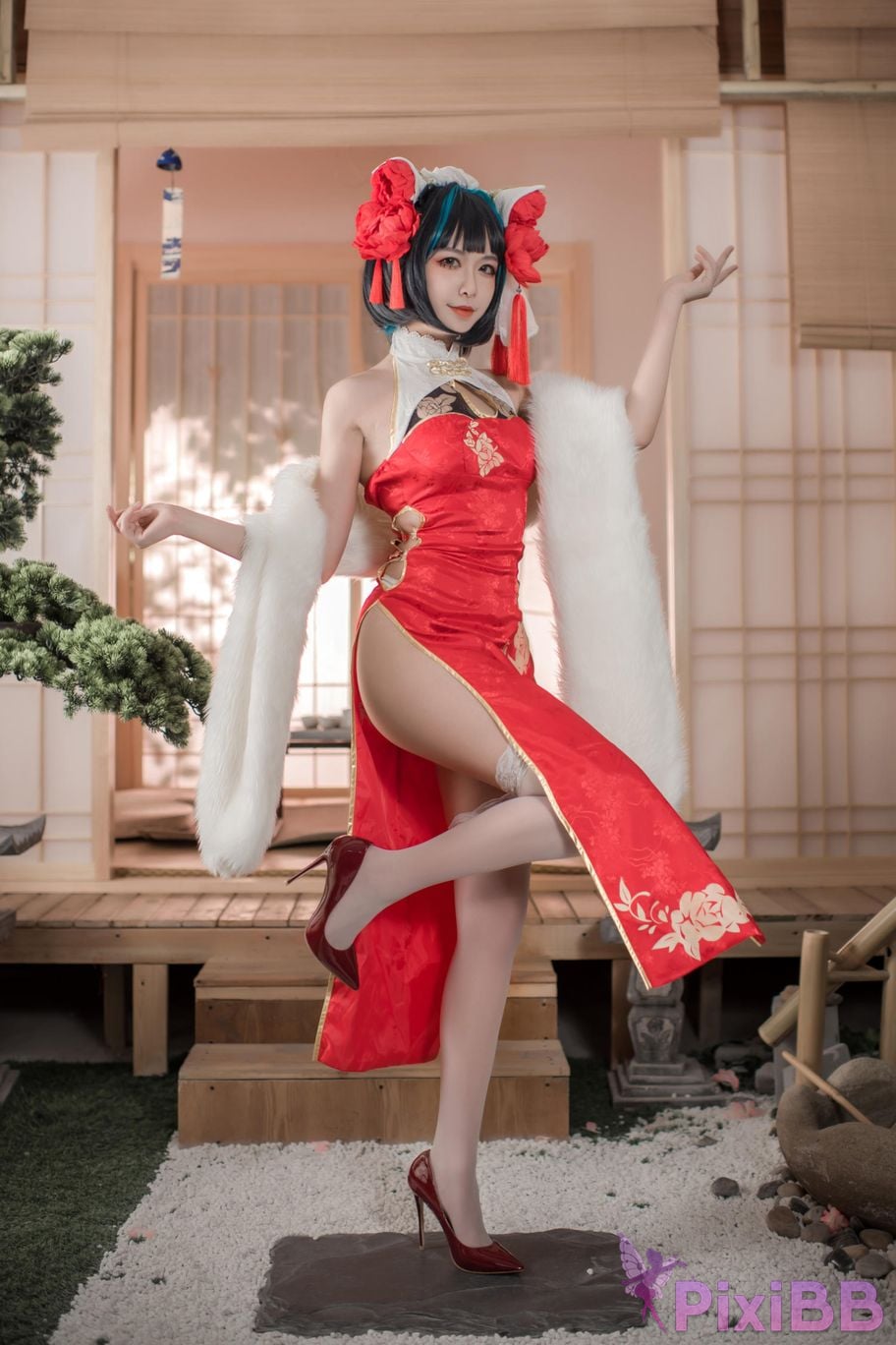 Cosplayer Minamoto Saki meow Cheshire red cheongsam PixiBB.COM 001