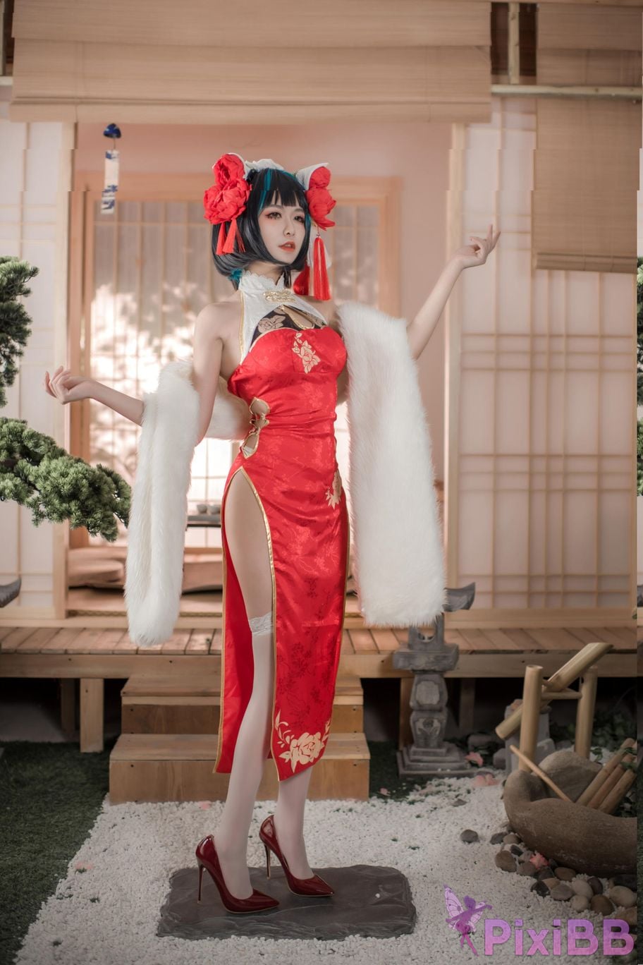 Cosplayer Minamoto Saki meow Cheshire red cheongsam PixiBB.COM 002