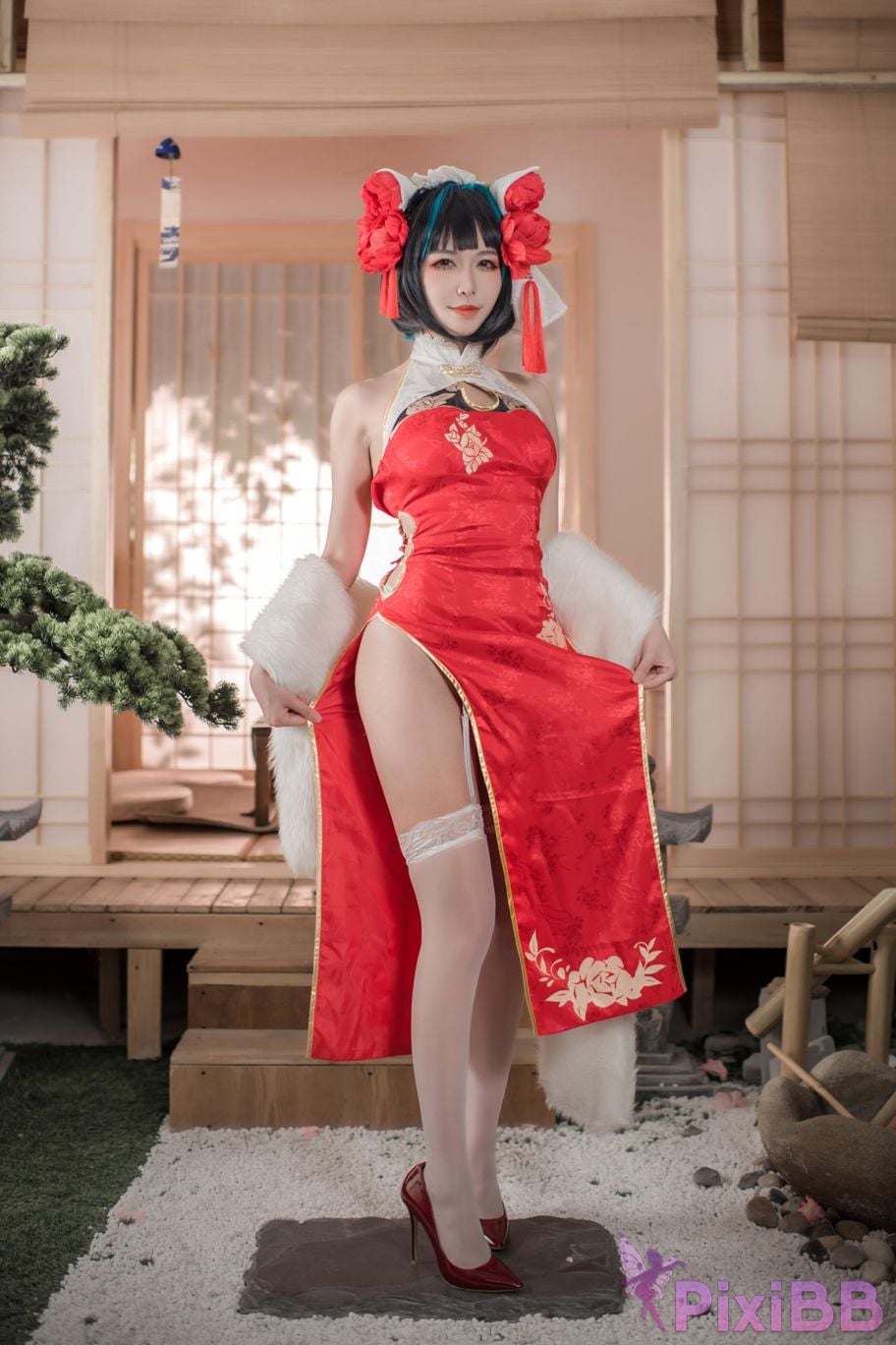 Cosplayer Minamoto Saki meow Cheshire red cheongsam PixiBB.COM 003