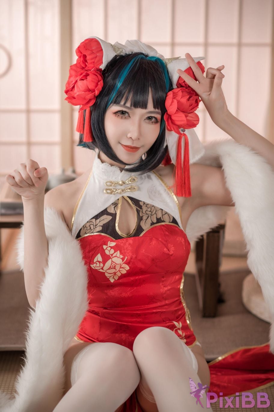 Cosplayer Minamoto Saki meow Cheshire red cheongsam PixiBB.COM 004