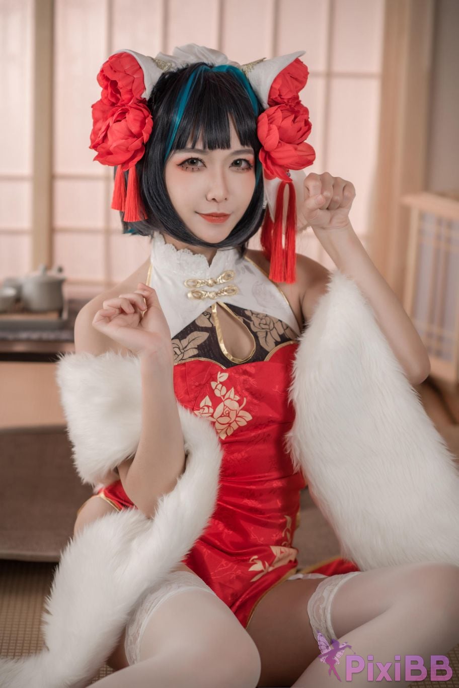 Cosplayer Minamoto Saki meow Cheshire red cheongsam PixiBB.COM 005