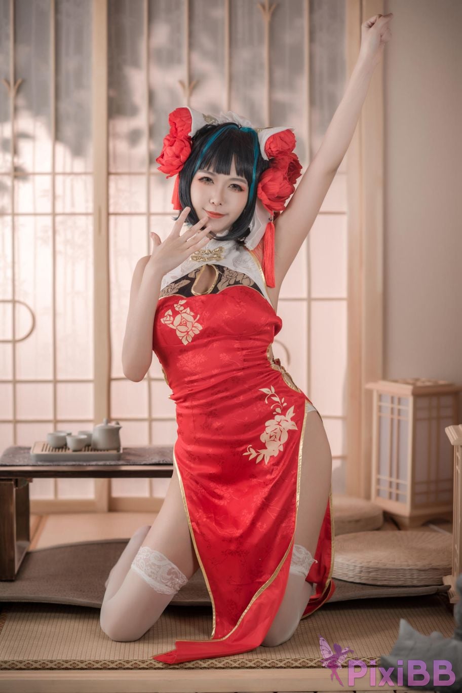 Cosplayer Minamoto Saki meow Cheshire red cheongsam PixiBB.COM 006