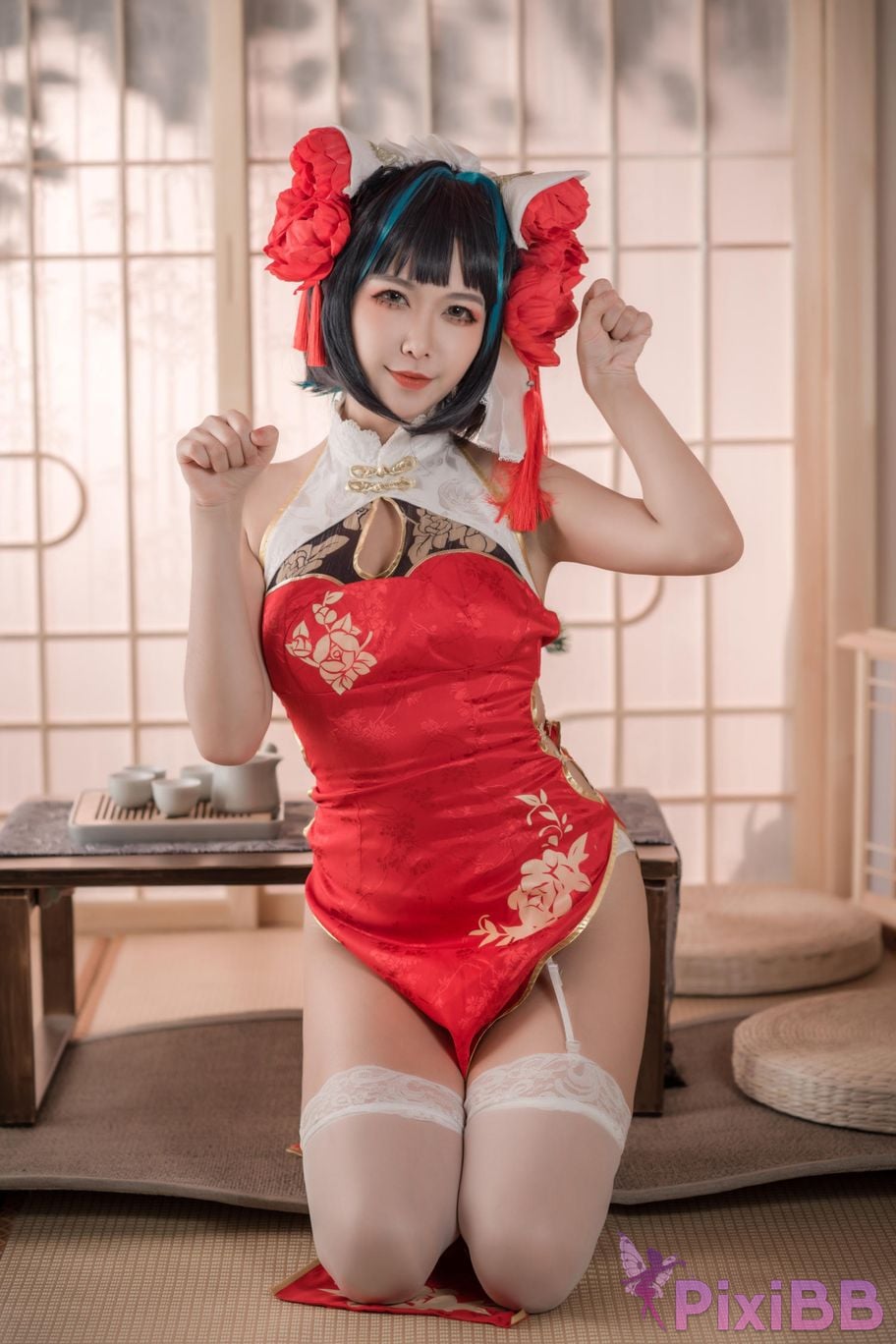 Cosplayer Minamoto Saki meow Cheshire red cheongsam PixiBB.COM 007