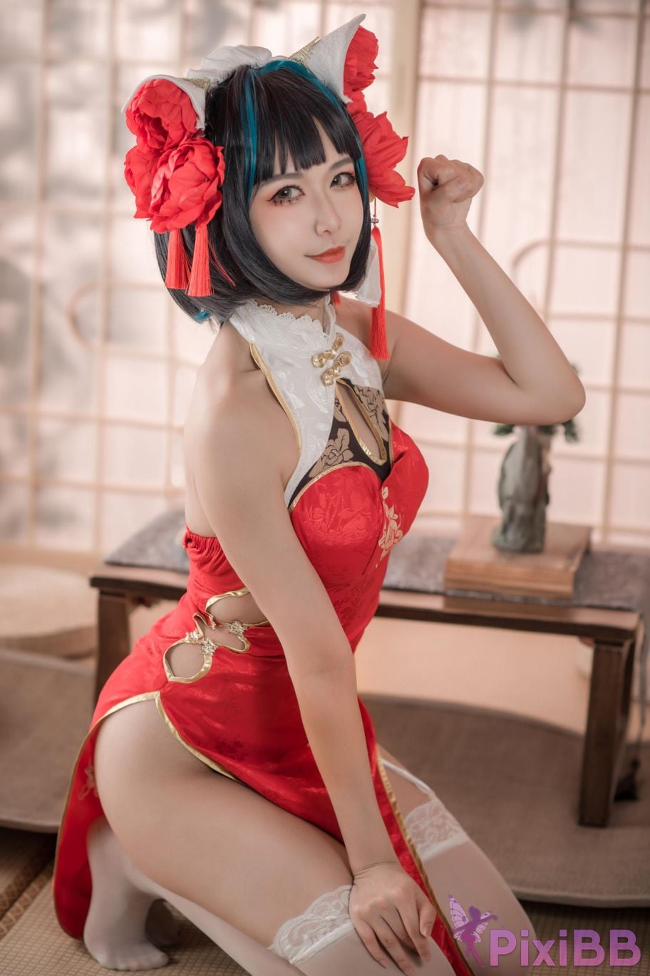 Cosplayer Minamoto Saki meow Cheshire red cheongsam PixiBB.COM 008