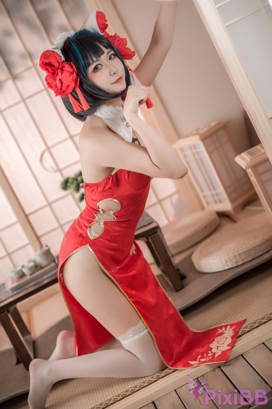 Cosplayer Minamoto Saki meow Cheshire red cheongsam PixiBB.COM 009