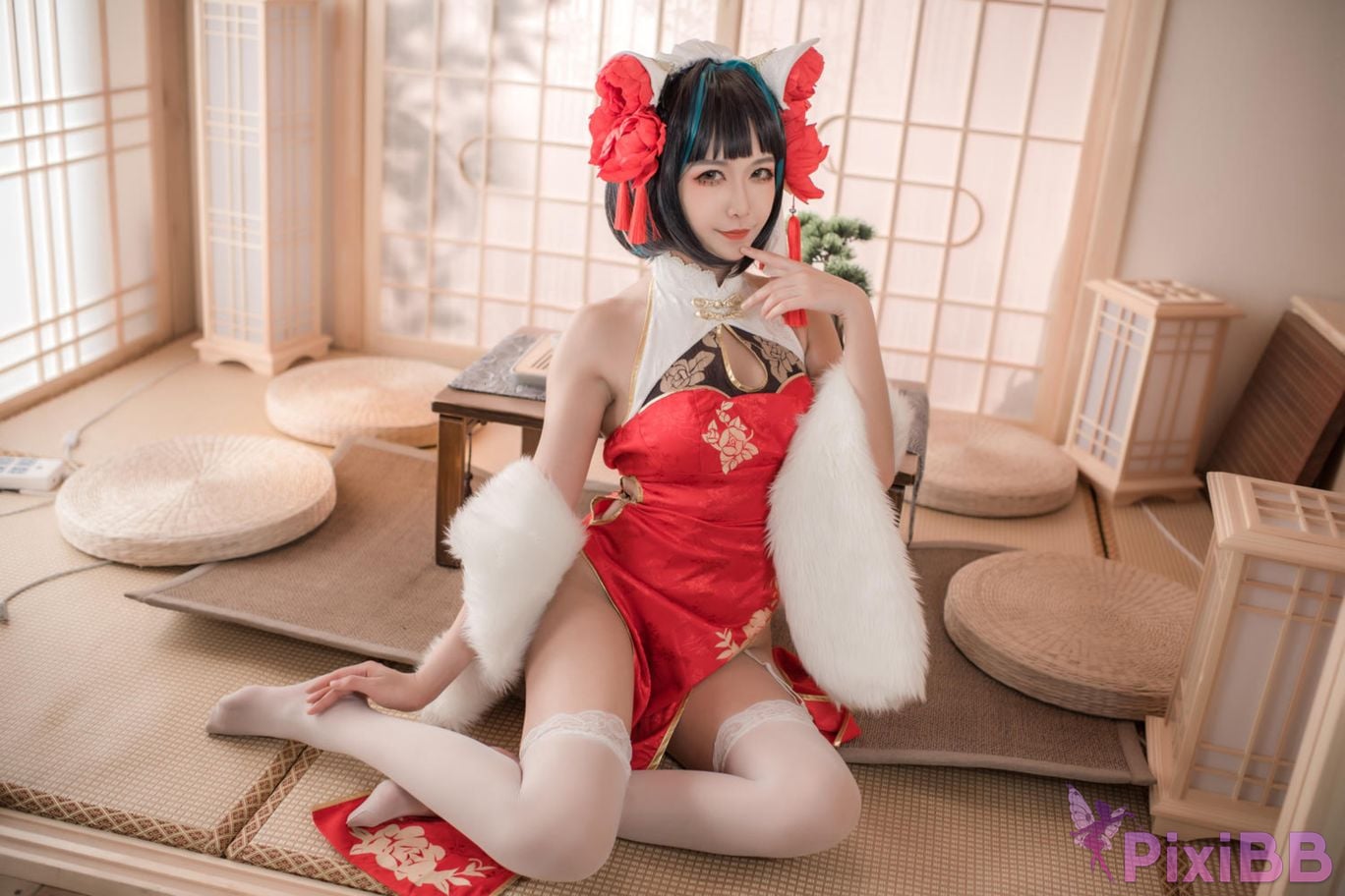 Cosplayer Minamoto Saki meow Cheshire red cheongsam PixiBB.COM 016