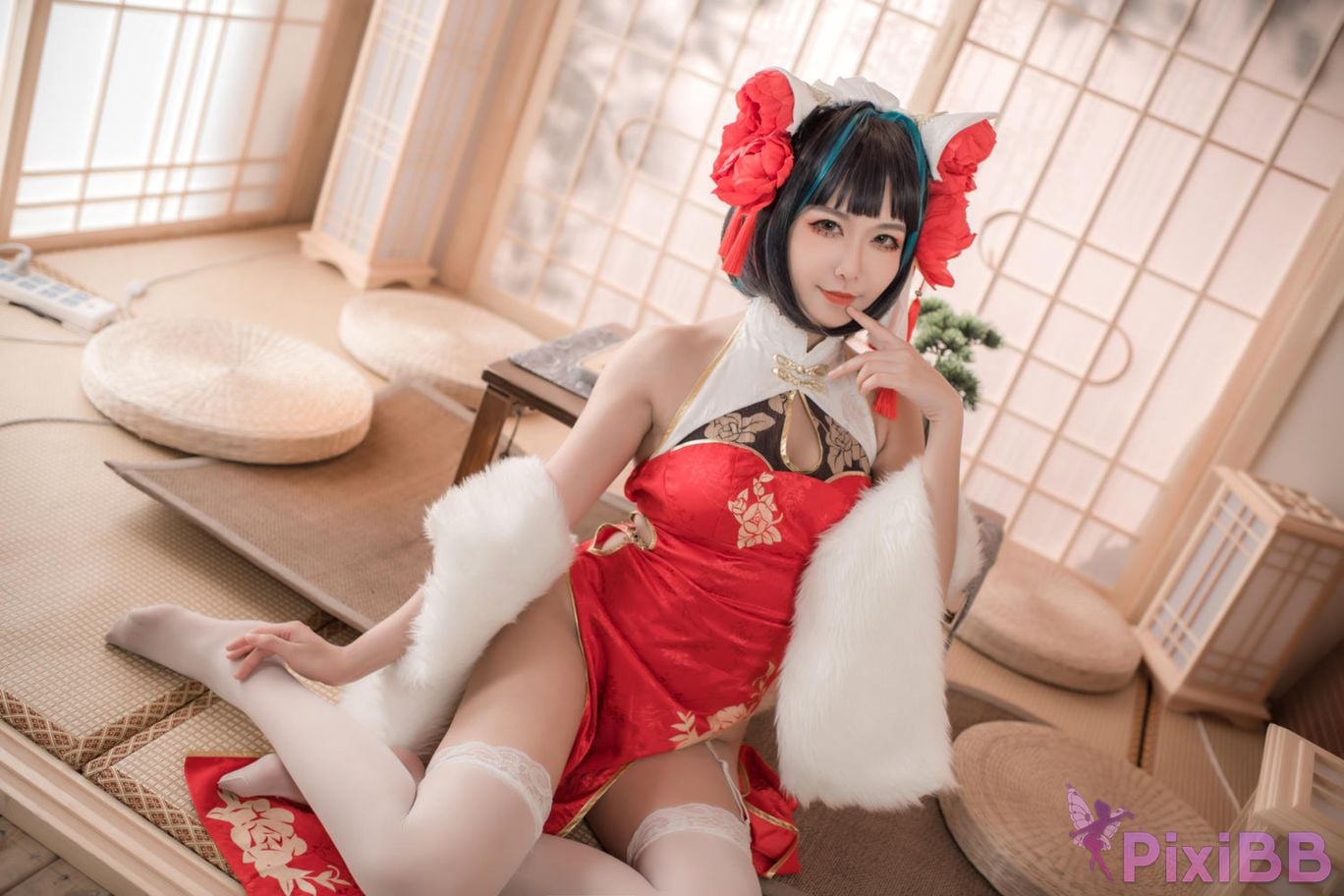 Cosplayer Minamoto Saki meow Cheshire red cheongsam PixiBB.COM 017