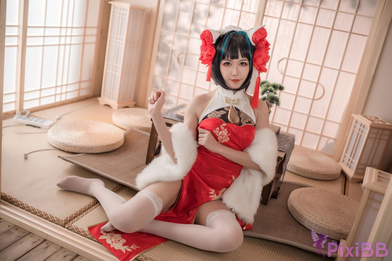 Cosplayer Minamoto Saki meow Cheshire red cheongsam PixiBB.COM 018