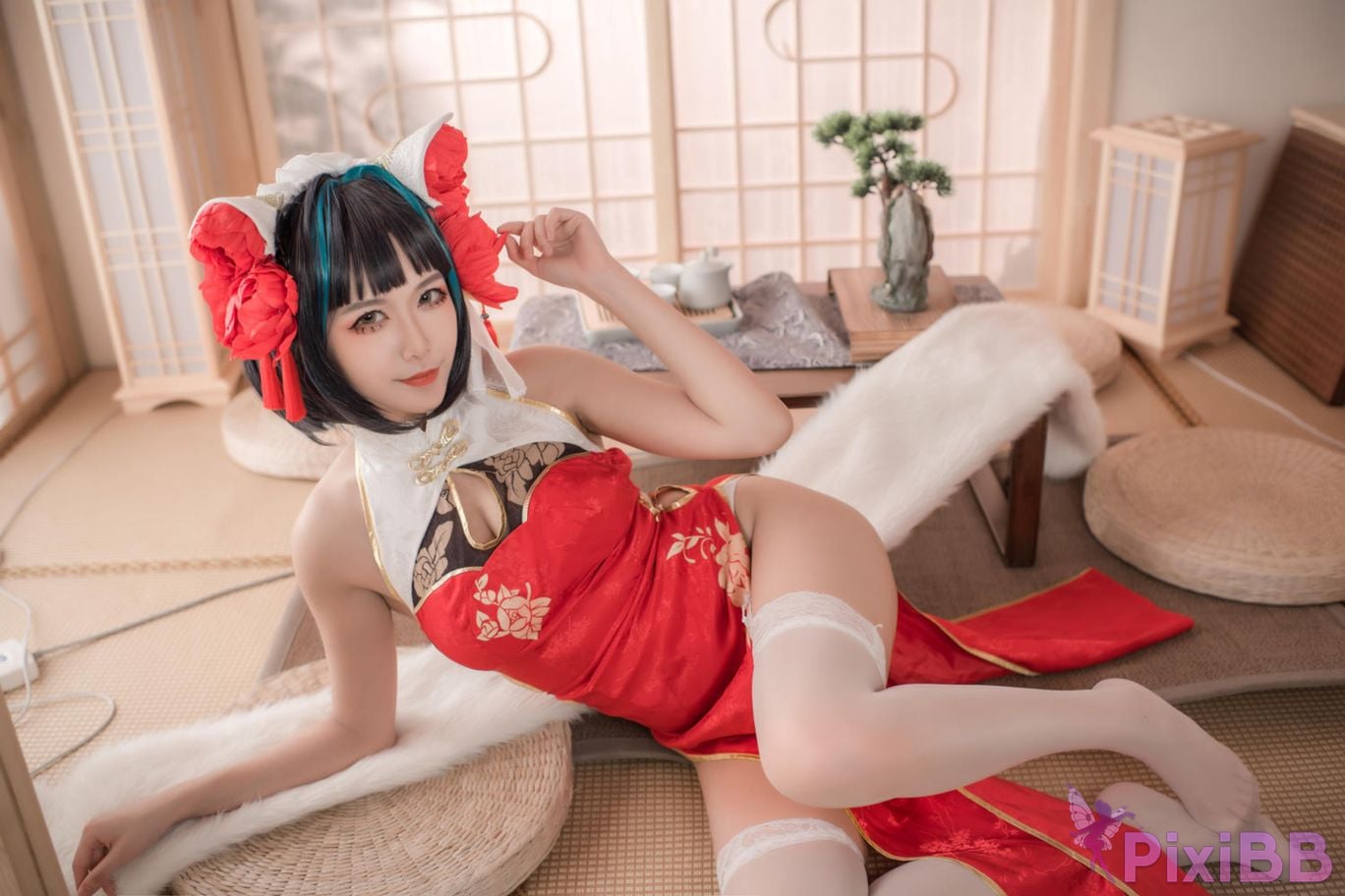 Cosplayer Minamoto Saki meow Cheshire red cheongsam PixiBB.COM 025