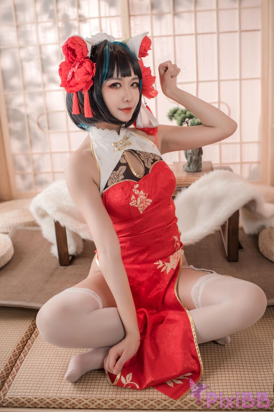 Cosplayer Minamoto Saki meow Cheshire red cheongsam PixiBB.COM 027