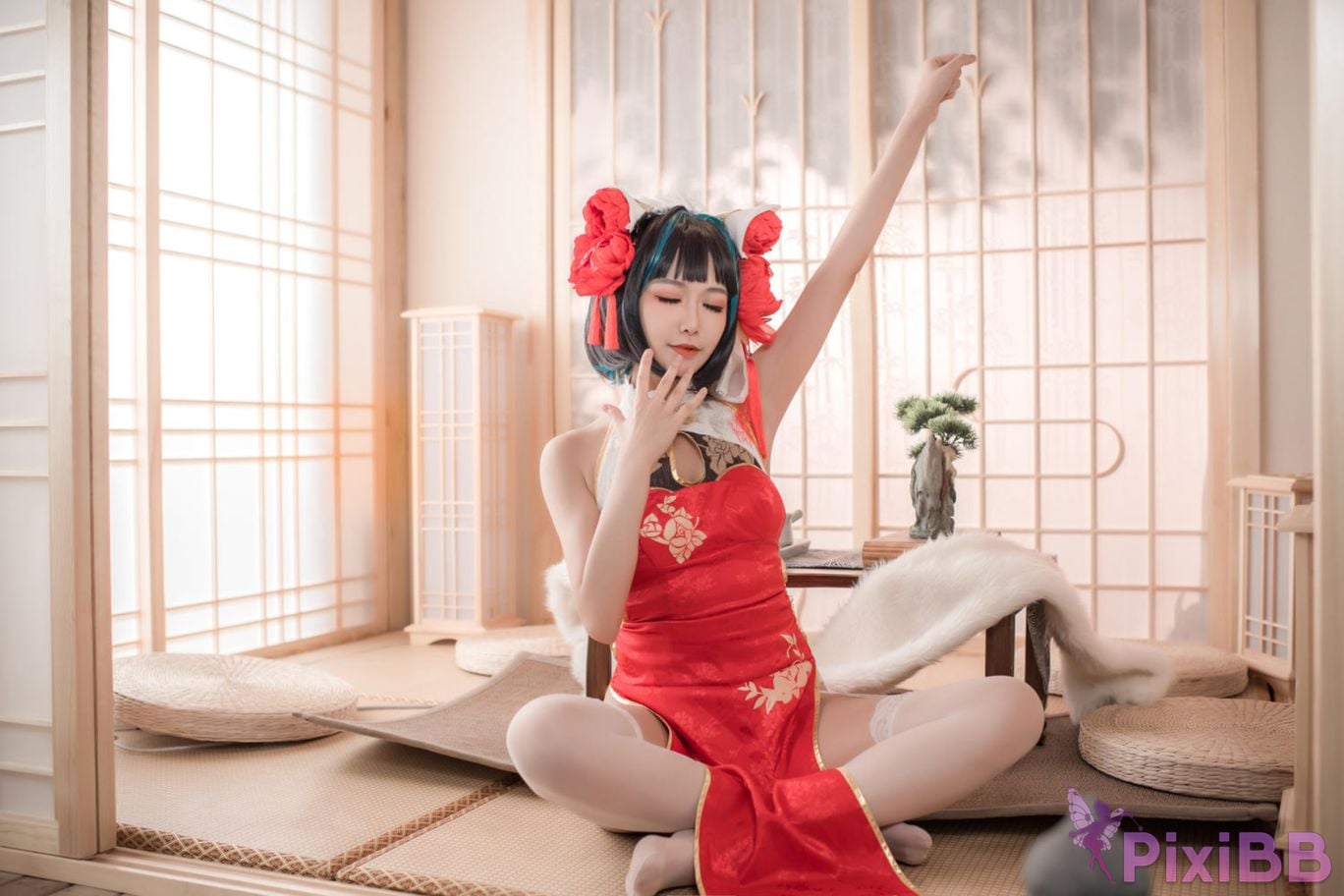 Cosplayer Minamoto Saki meow Cheshire red cheongsam PixiBB.COM 028