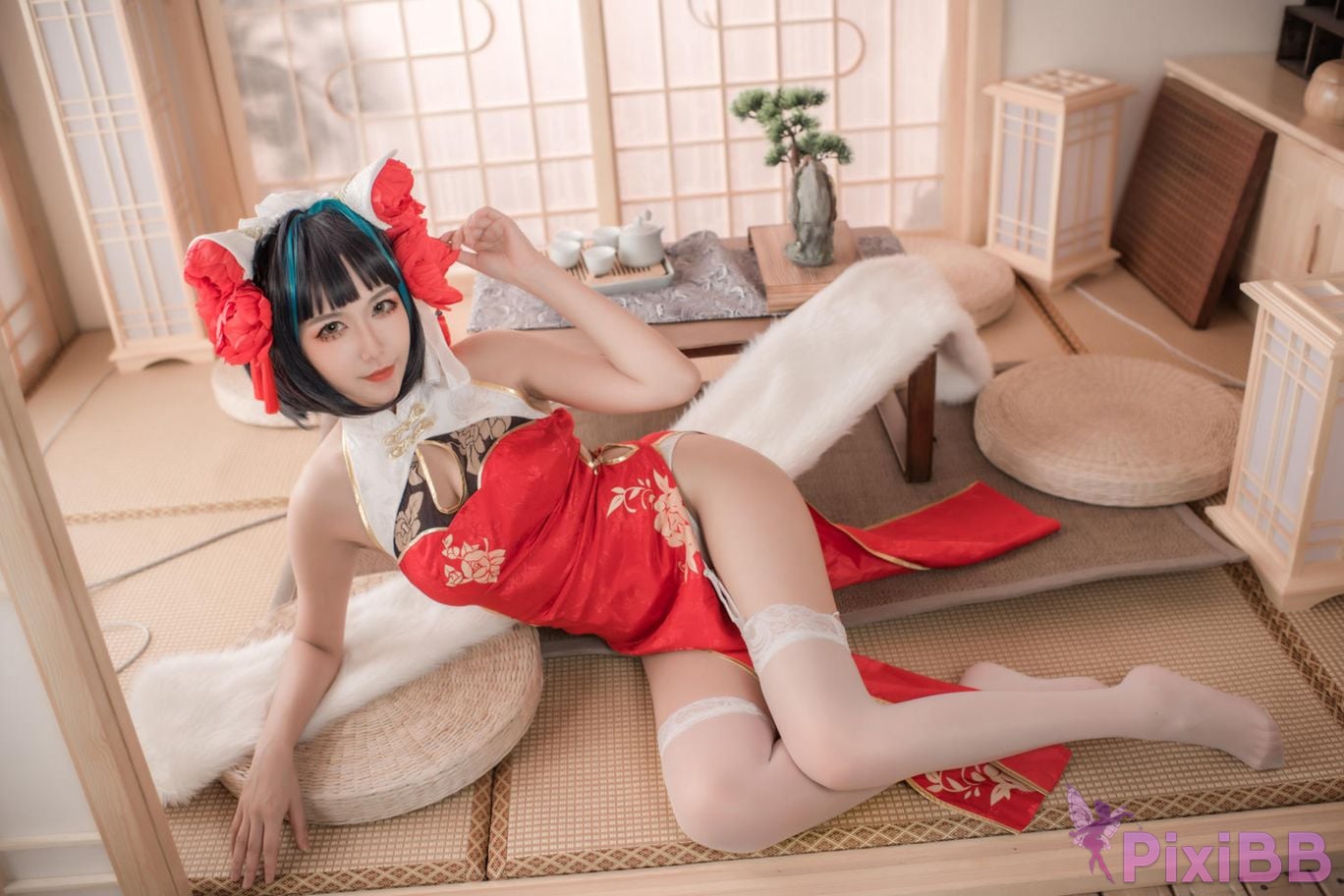 Cosplayer Minamoto Saki meow Cheshire red cheongsam PixiBB.COM 030