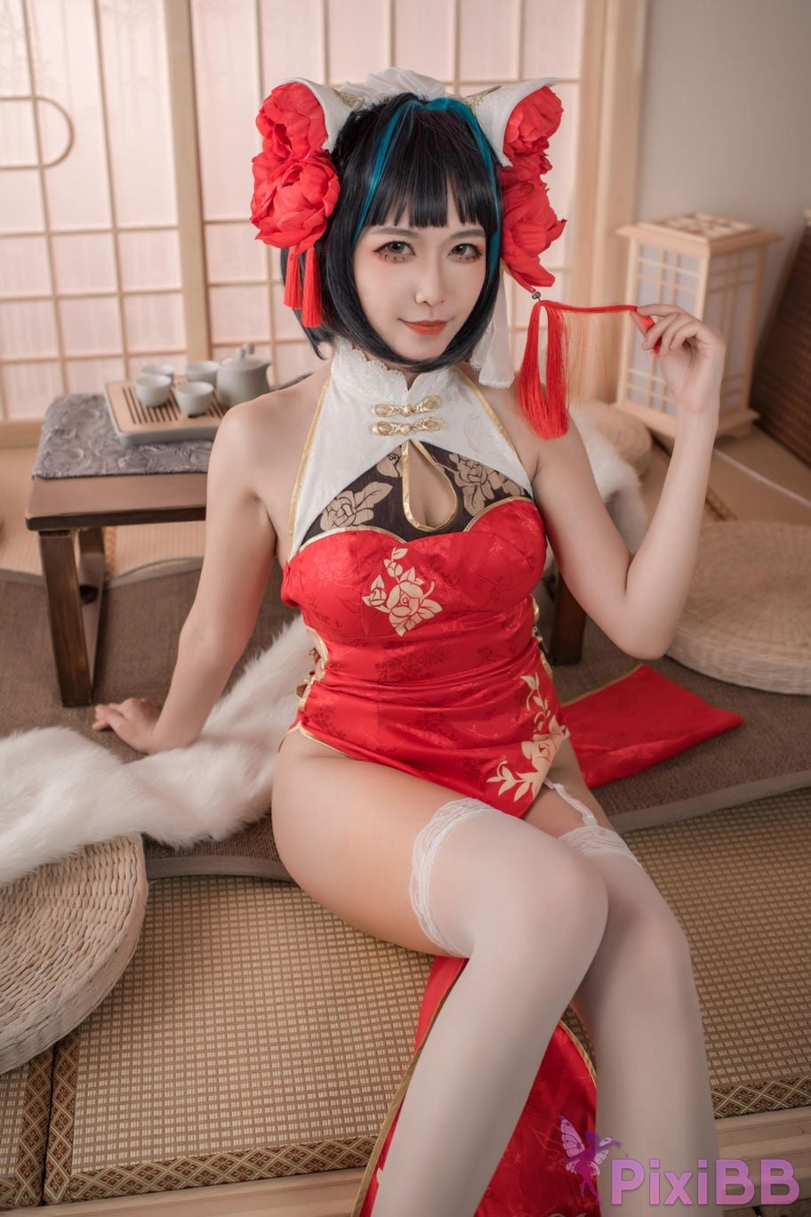 Cosplayer Minamoto Saki meow Cheshire red cheongsam PixiBB.COM 035