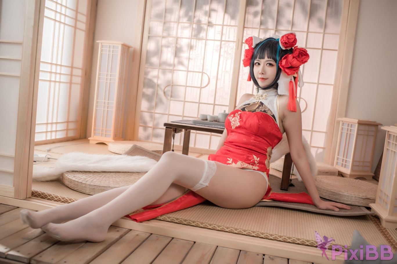 Cosplayer Minamoto Saki meow Cheshire red cheongsam PixiBB.COM 036