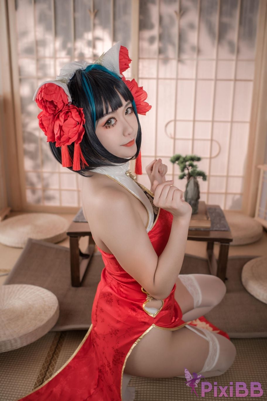 Cosplayer Minamoto Saki meow Cheshire red cheongsam PixiBB.COM 037