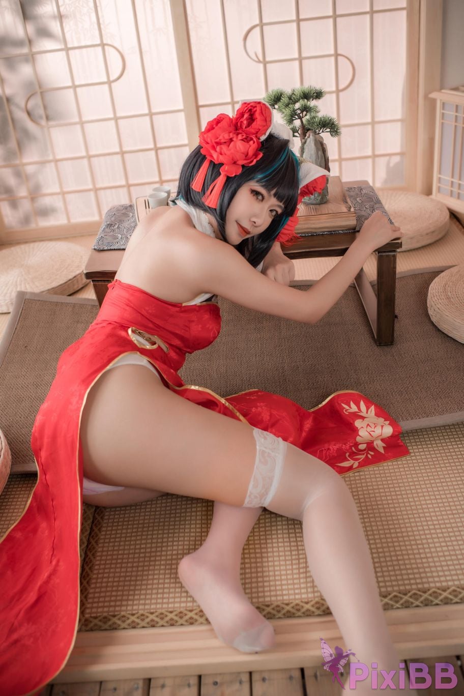 Cosplayer Minamoto Saki meow Cheshire red cheongsam PixiBB.COM 041