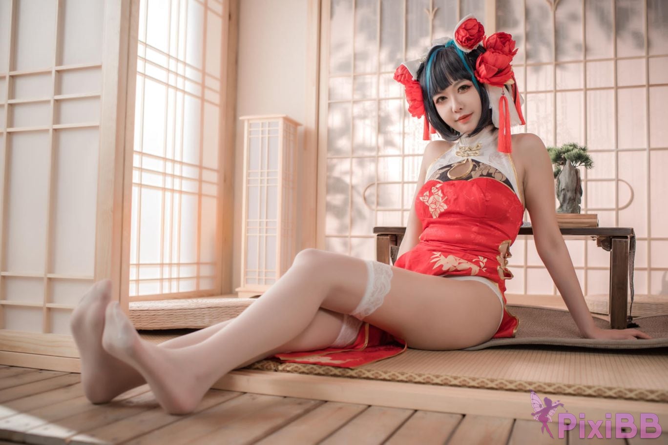Cosplayer Minamoto Saki meow Cheshire red cheongsam PixiBB.COM 044