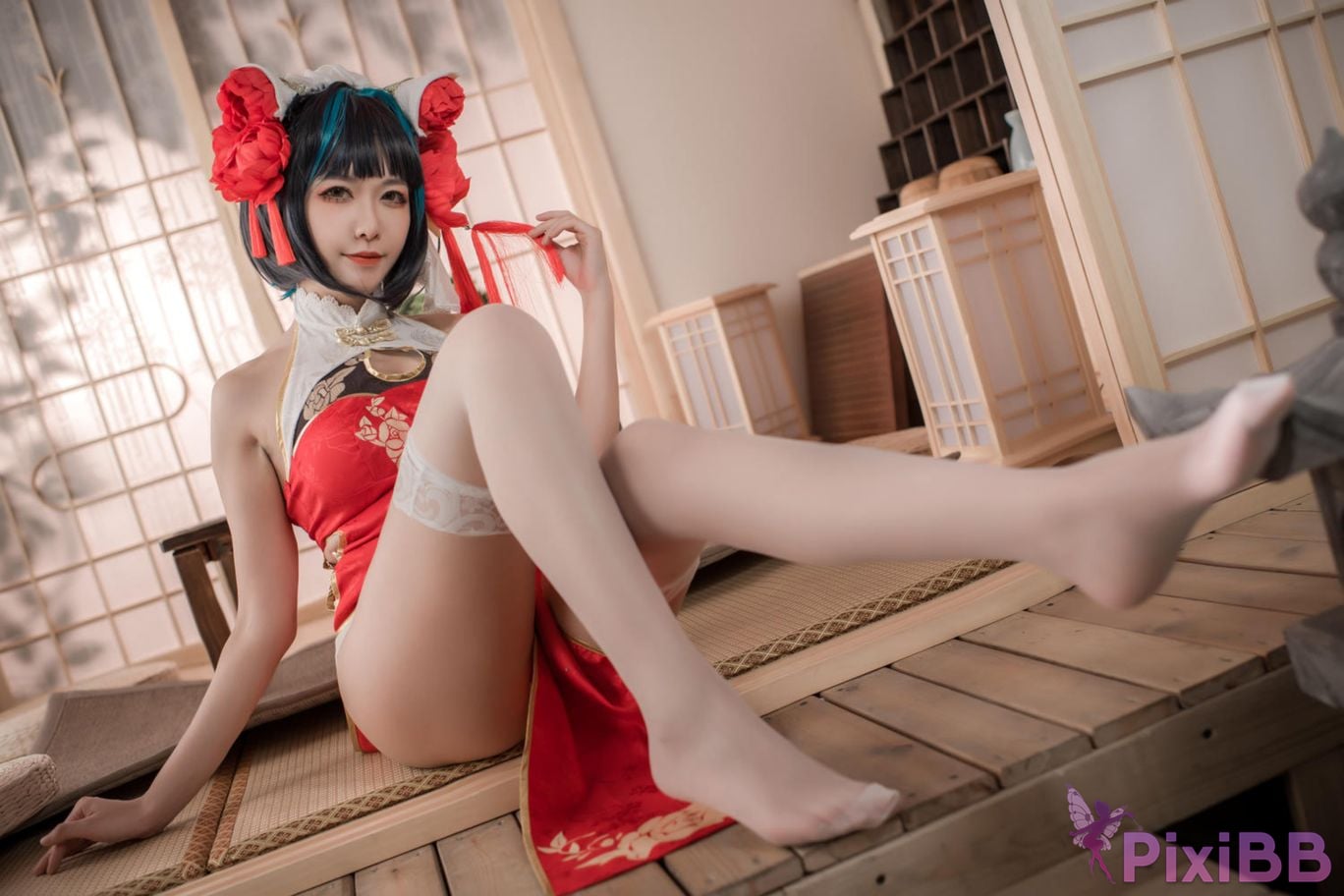 Cosplayer Minamoto Saki meow Cheshire red cheongsam PixiBB.COM 045