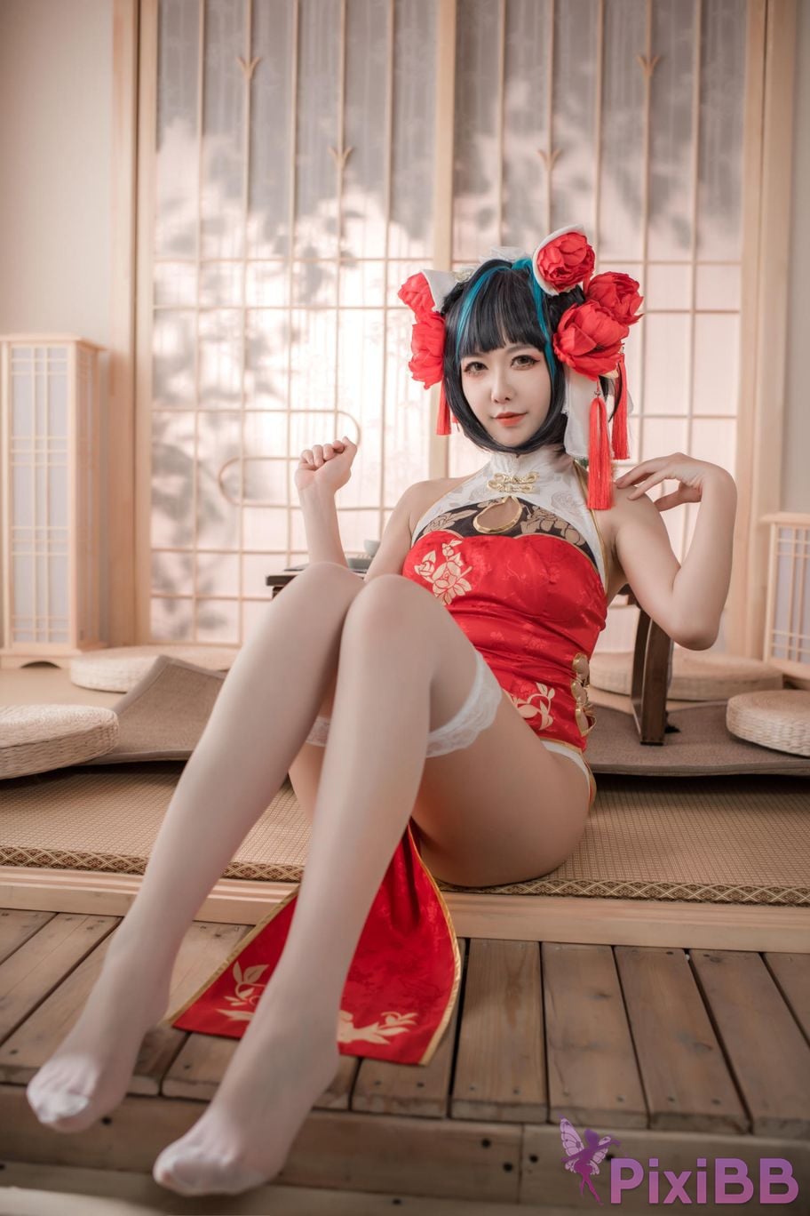 Cosplayer Minamoto Saki meow Cheshire red cheongsam PixiBB.COM 046