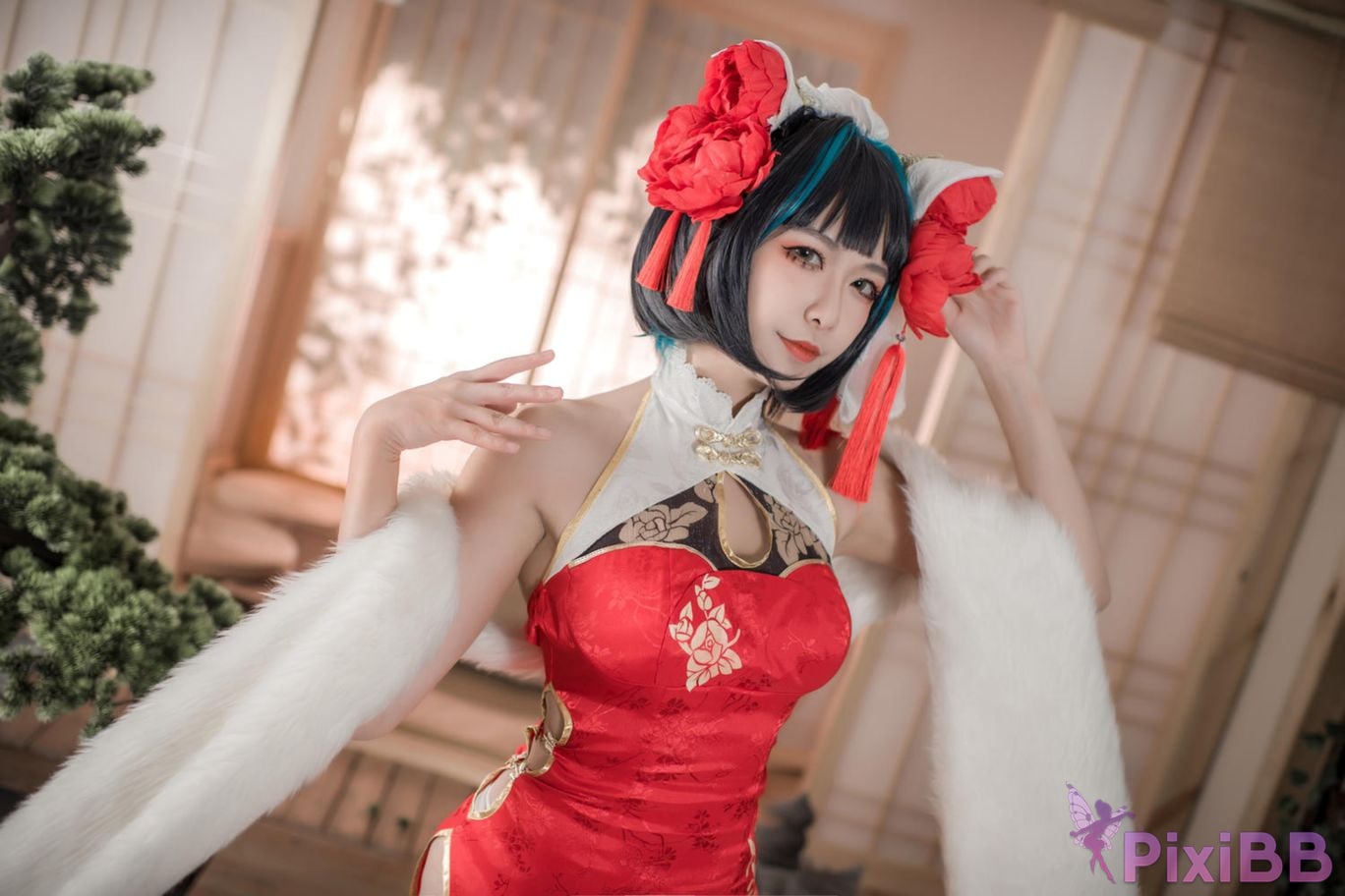 Cosplayer Minamoto Saki meow Cheshire red cheongsam PixiBB.COM 050